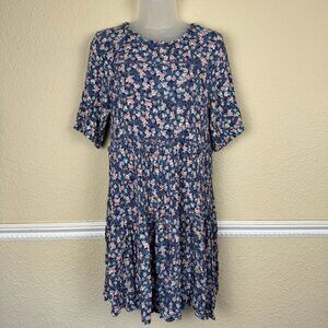 Knox Rose Womens Dress Size Large Blue Floral Short Sleeve Tiered Boho